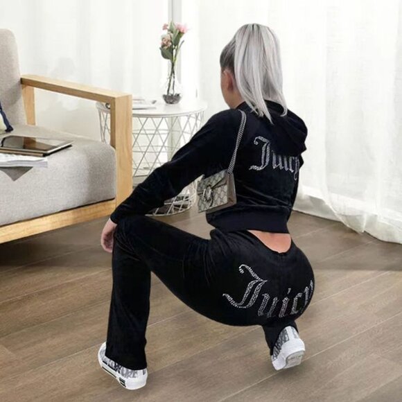 JUICY COUTURE Size L Velour Tracksuit Matching 2 PC Set Bling Outfit Black - Picture 1 of 12
